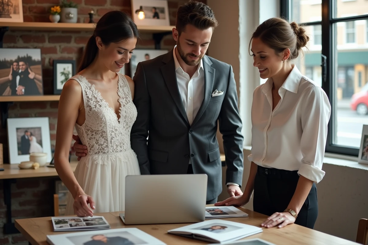Couple de mariés en consultation avec une photographe professionnelle dans un studio pour discuter du tarif et du style photographique adapté à leur cérémonie