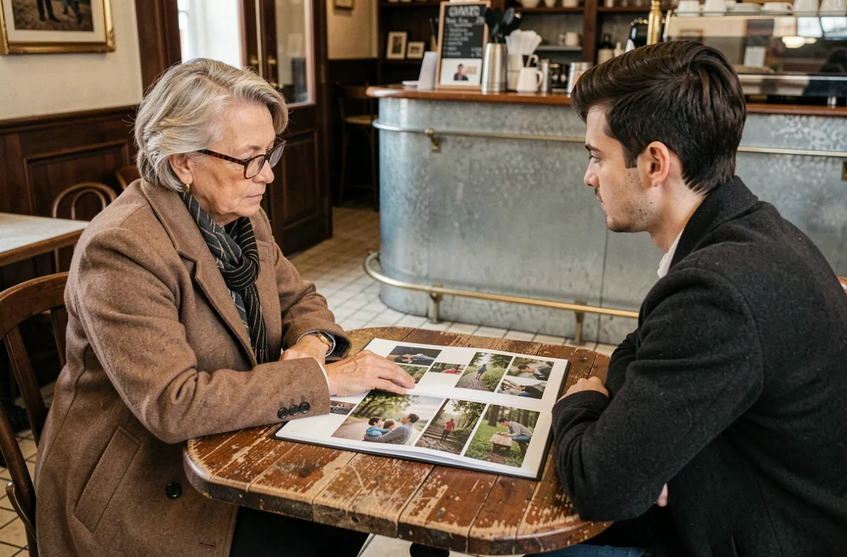 Photographe et client discutant du tarif d'une prestation photo autour d'un portfolio dans un café d'Angoulême