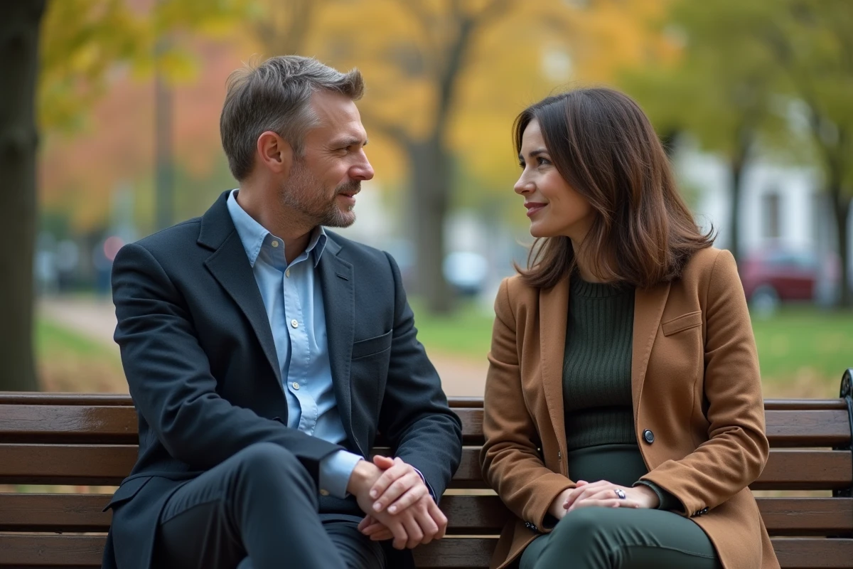 Homme et femme discutant sur un banc dans un parc en automne