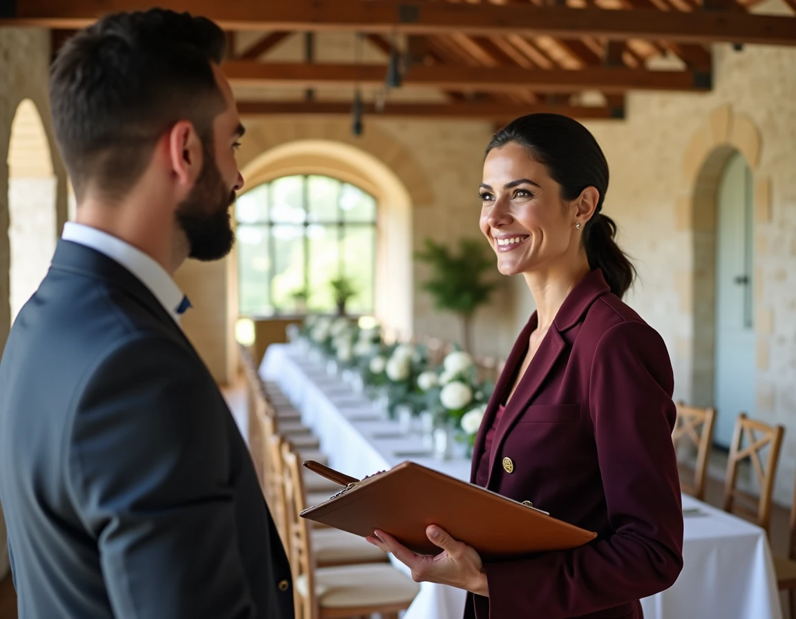 Coordinatrice de mariage discutant des offres avec un gérant de domaine dans une salle de réception en Pays de la Loire