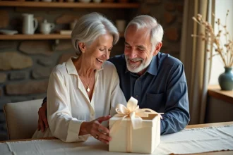 Couple célébrant 36 ans de mariage avec des cadeaux personnalisés noce de mousseline sur une table en bois rustique