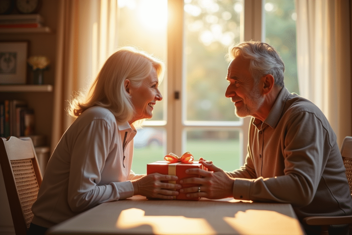 Couple d'âgés avec cheveux argentés échangeant des cadeaux d'anniversaire