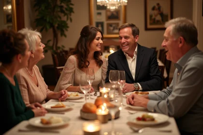 Couple souriant lors d un dîner d anniversaire en famille