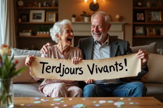 Couple joyeux fêtant leur anniversaire de mariage avec une bannière humoristique dans un salon décoré de ballons et confettis