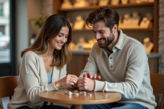 Jeune couple examinant des anneaux PACS dans une boutique chaleureuse