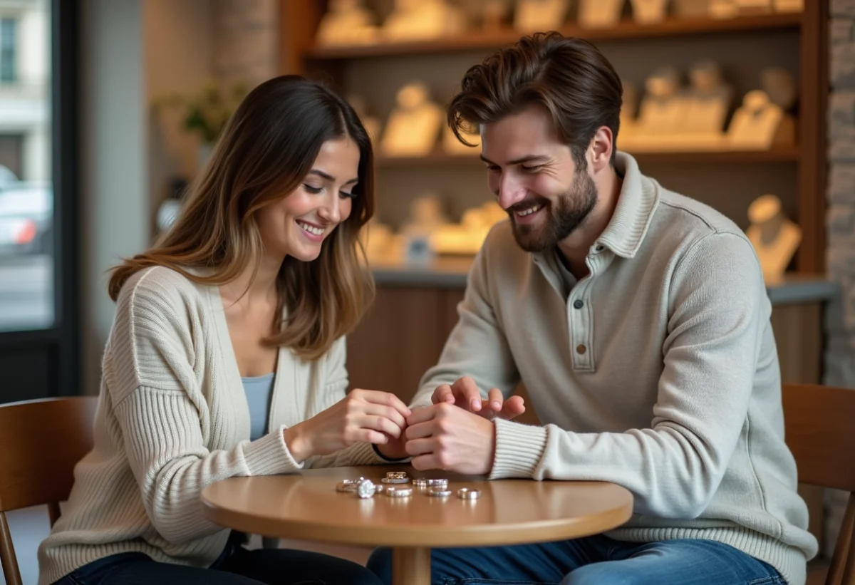 Jeune couple examinant des anneaux PACS dans une boutique chaleureuse