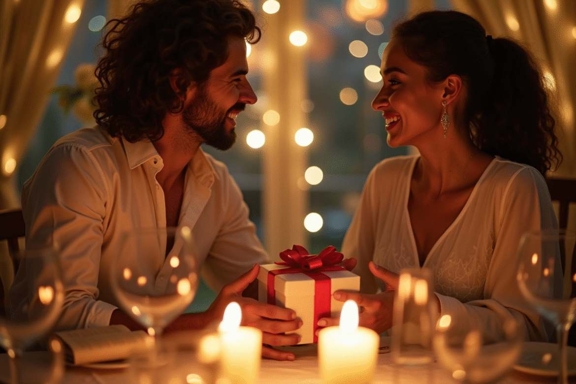 Couple heureux échangeant des cadeaux élégants à table décorée