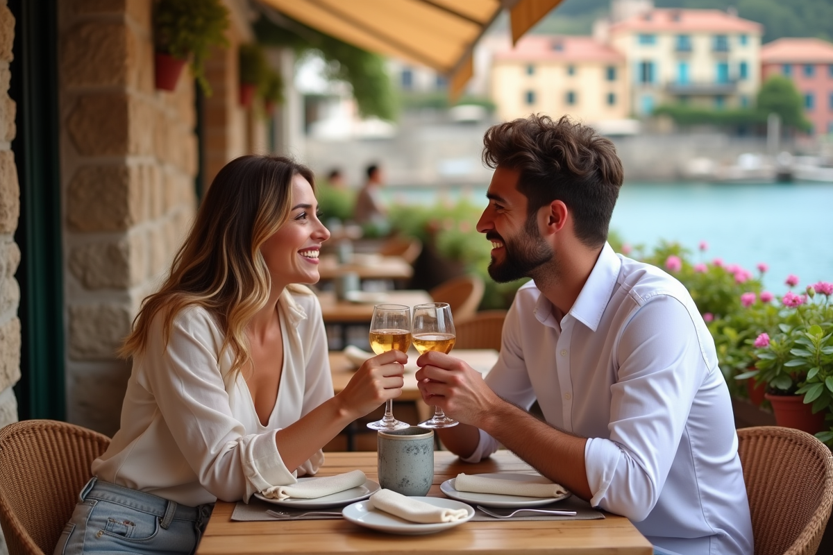 Jeune couple français partageant un moment romantique en terrasse