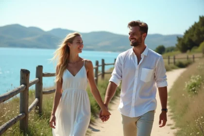 Jeune couple souriant en promenade au bord de la mer