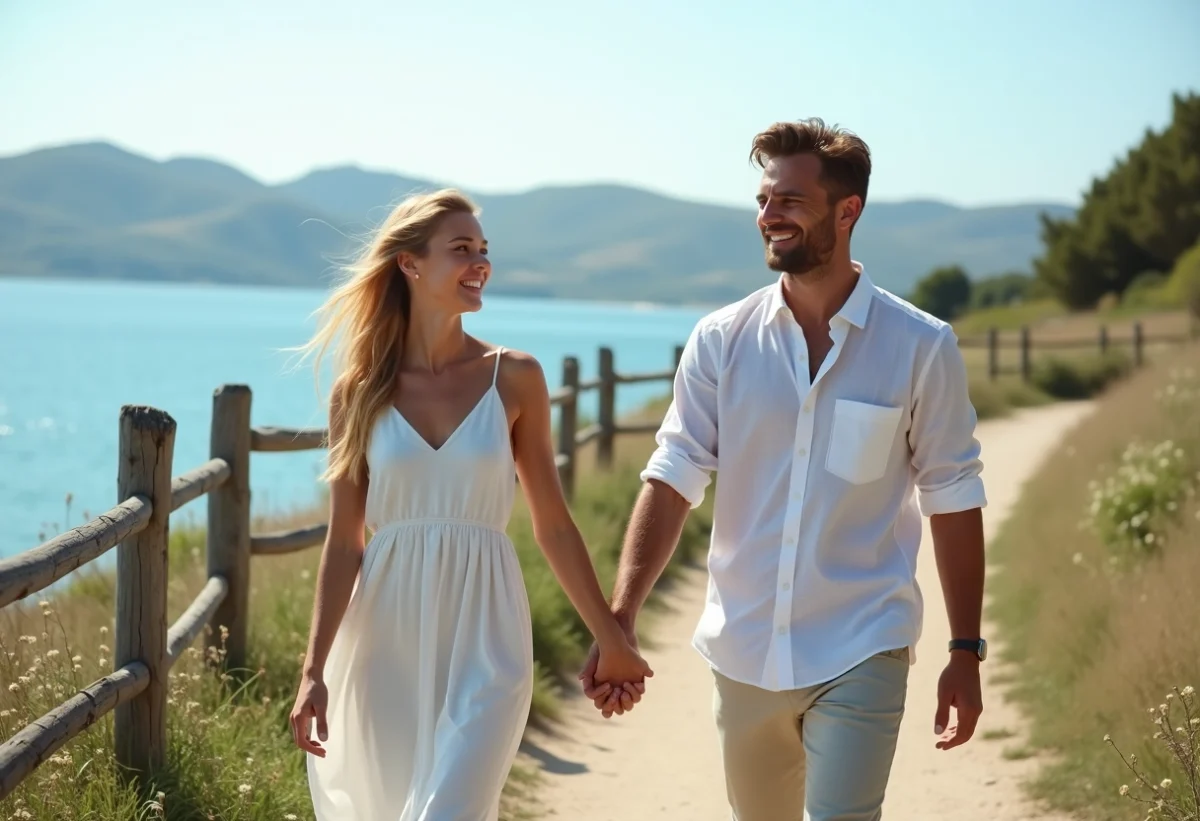 Jeune couple souriant en promenade au bord de la mer
