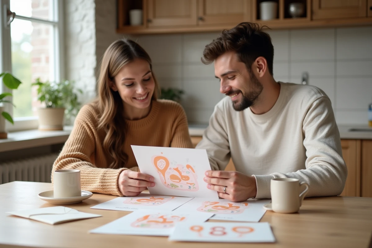 Jeune couple examinant cartes de naissance dans la cuisine