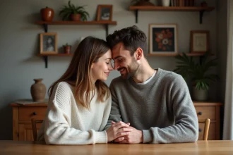 Couple assis dans un salon chaleureux partageant un moment intime