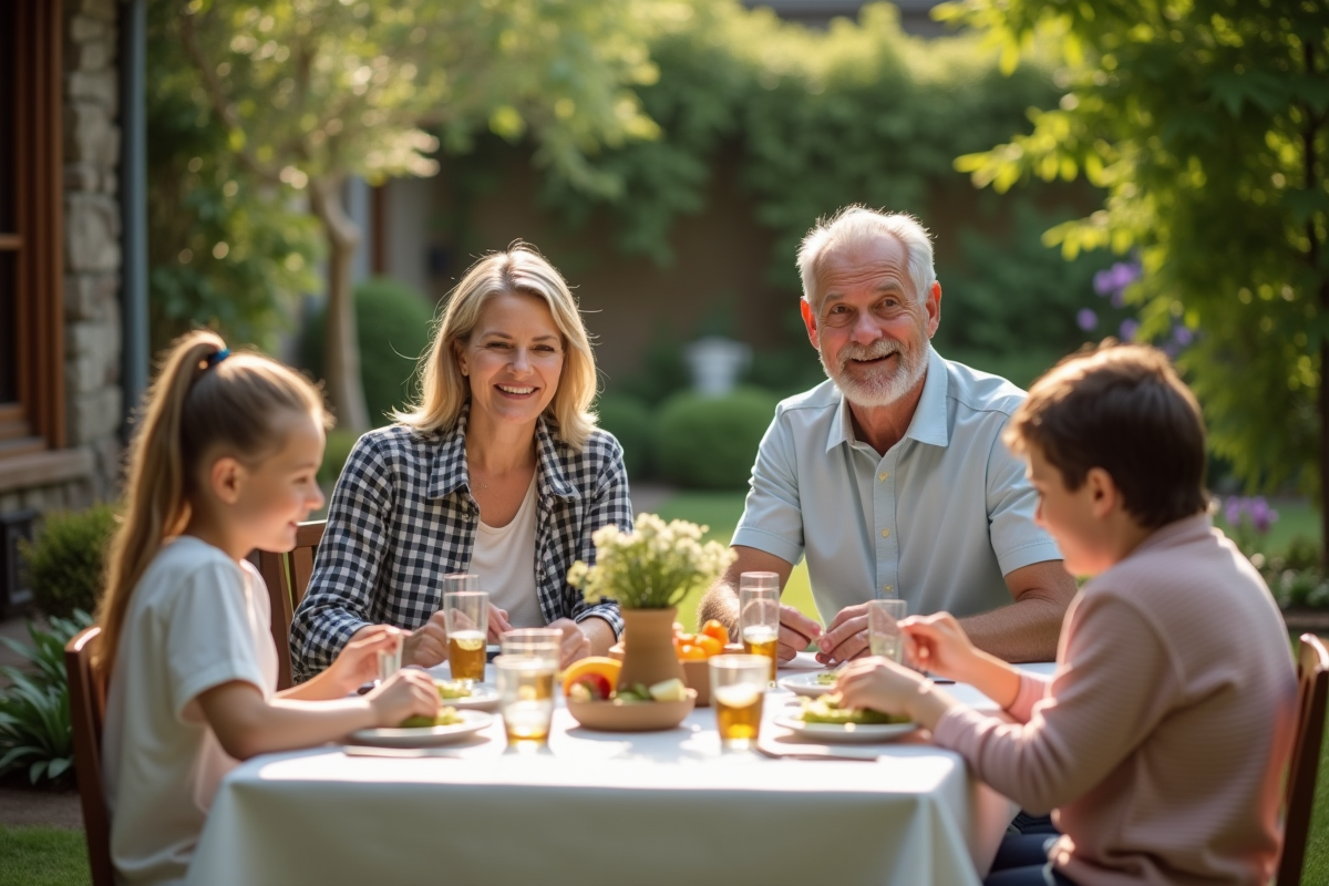 Couple assis à une table de jardin en famille