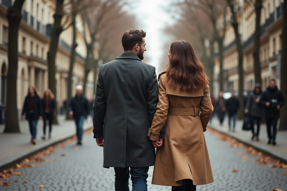 Couple discret marchant dans une rue pavée parisienne en automne, illustrant la vie privée d'un personnage public