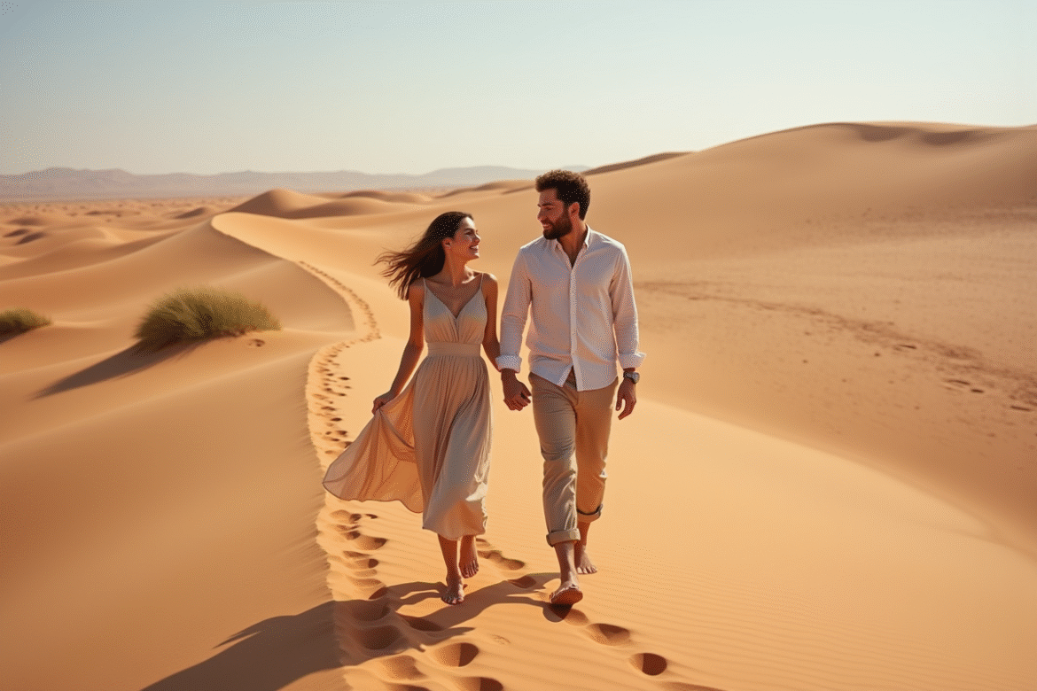 Jeune couple interracial dans le désert namibien