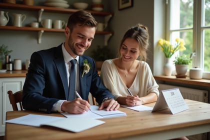 Jeune couple écrivant invitations de mariage à la maison