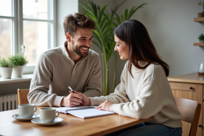 Jeune couple souriant écrivant leur liste de mariage à la maison