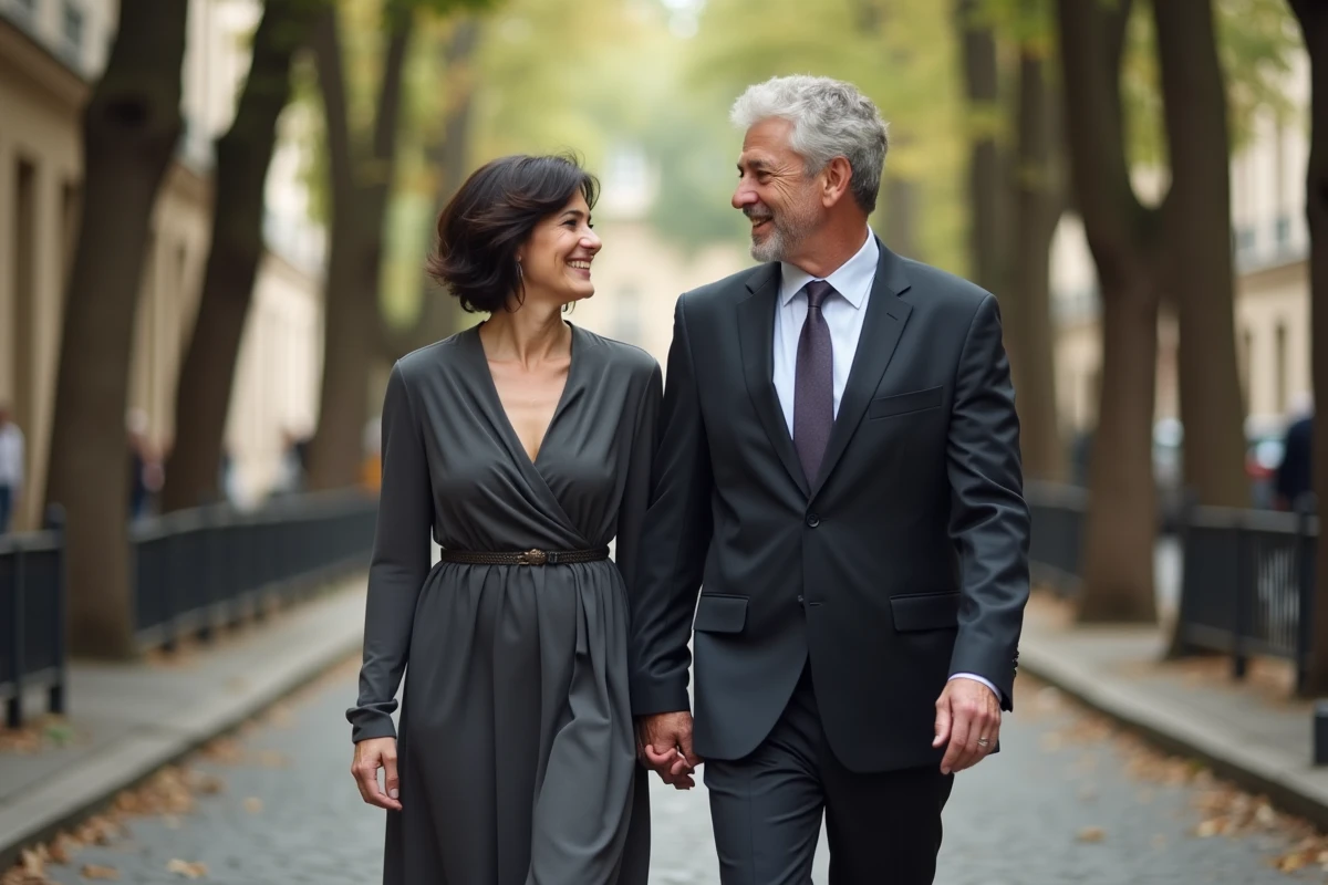 Couple élégant marchant ensemble dans une rue parisienne, ambiance éditoriale réaliste et naturelle
