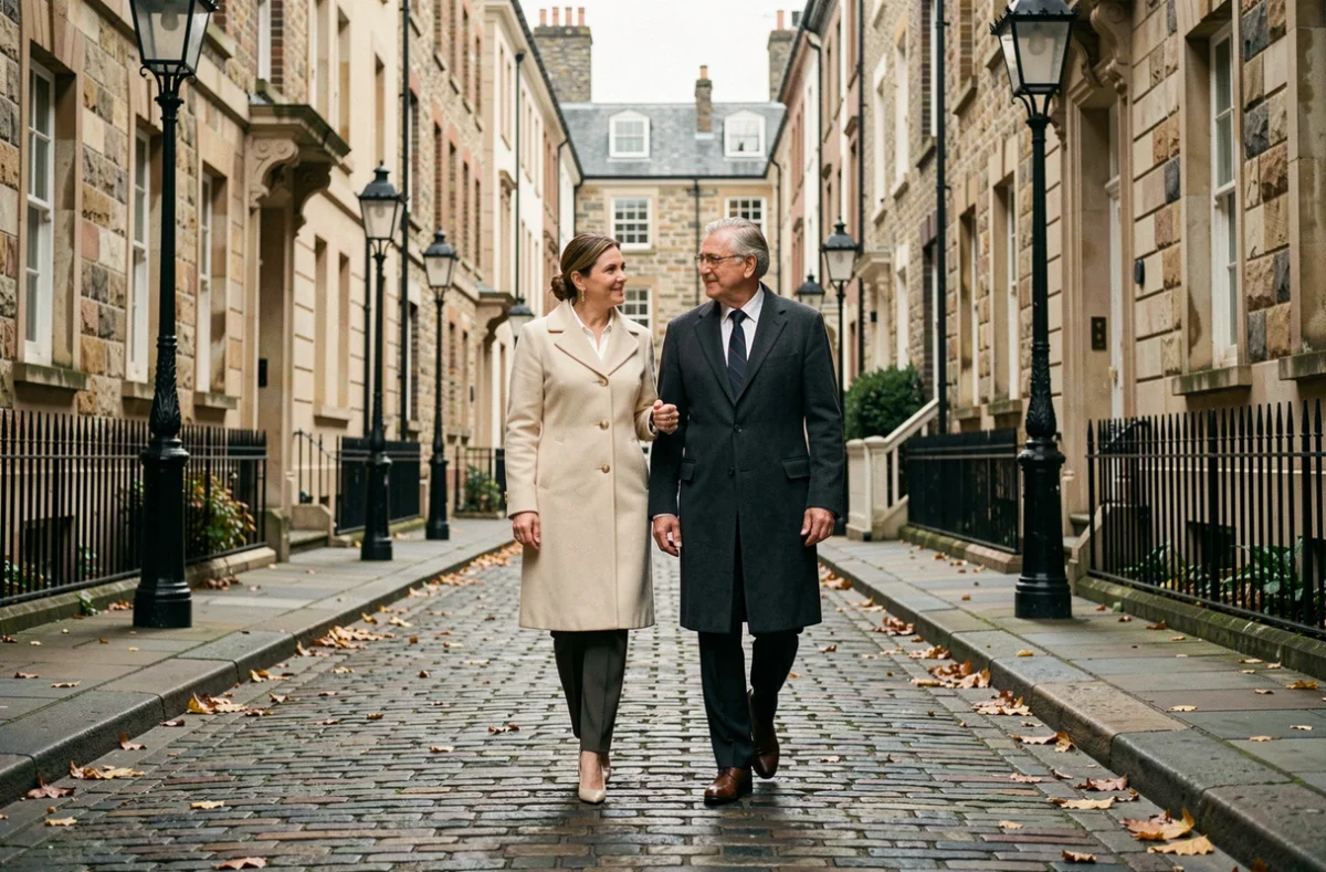 Couple élégant marchant sur un pavé historique en ville européenne, illustrant la discrétion et le secret autour de la vie conjugale d'une personnalité publique