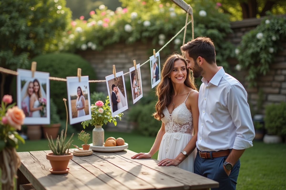 Jeune couple regardant des photos de mariage suspendues en extérieur