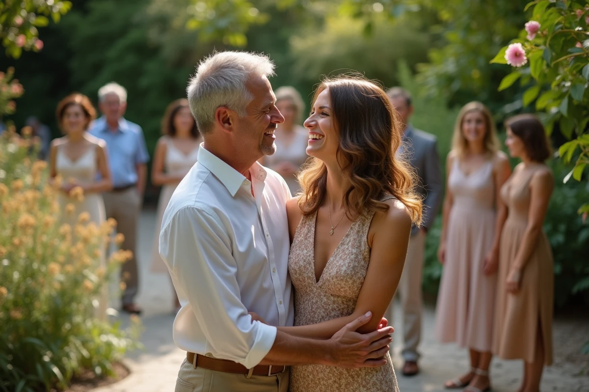 Couple dans un jardin entouré d amis pour une célébration