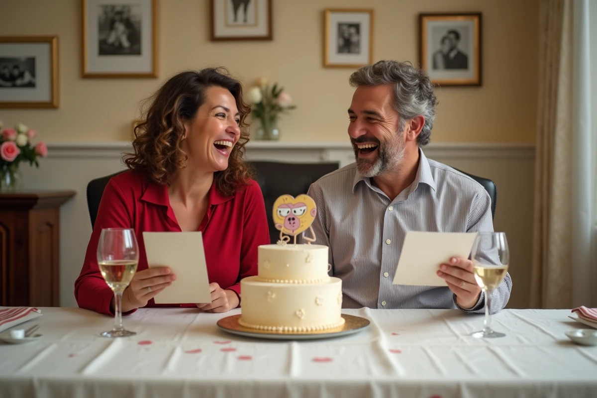 Couple d'âge mûr riant ensemble devant un gâteau d'anniversaire de mariage humoristique avec des cartes comiques sur une table décorée