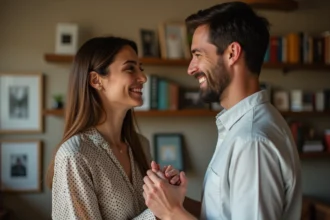 Couple souriant dans un intérieur chaleureux et cosy