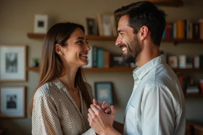 Couple souriant dans un intérieur chaleureux et cosy