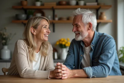 Couple dans la cuisine partageant un sourire tendre