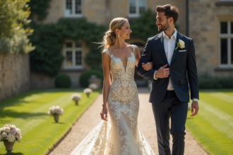Couple de mariage élégant dans un château historique
