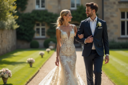 Couple de mariage élégant dans un château historique