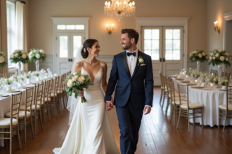 Jeune couple de mariés dans une salle élégante en train de marcher main dans la main