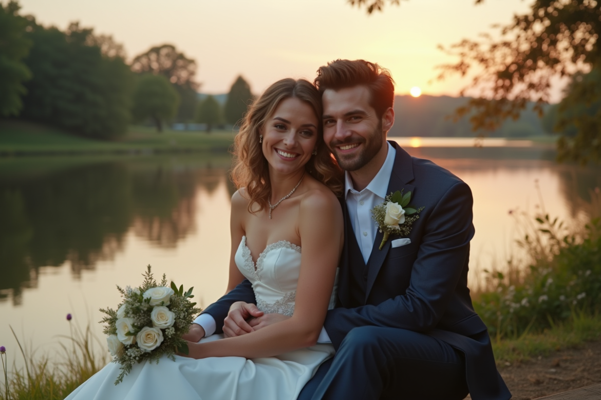 Jeune couple marié au bord du lac au crépuscule
