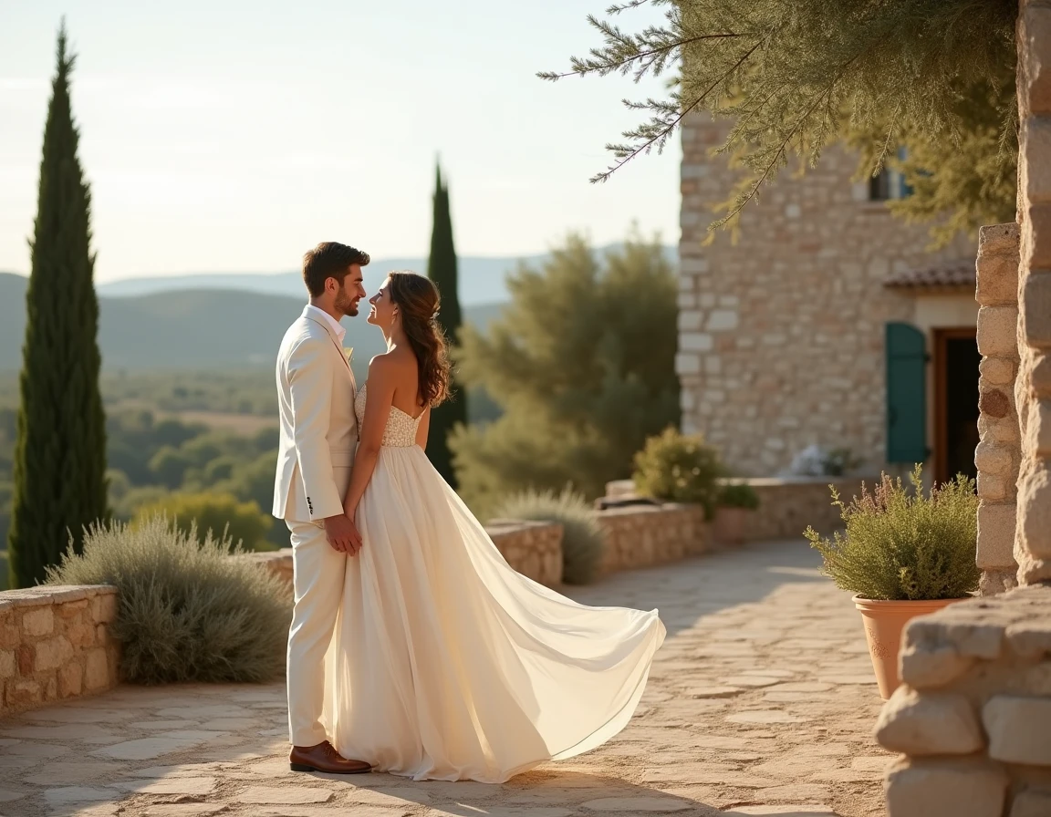 Couple élégant en tenue de mariage sur une terrasse en pierre sèche d'un mas provençal avec vue sur le Luberon