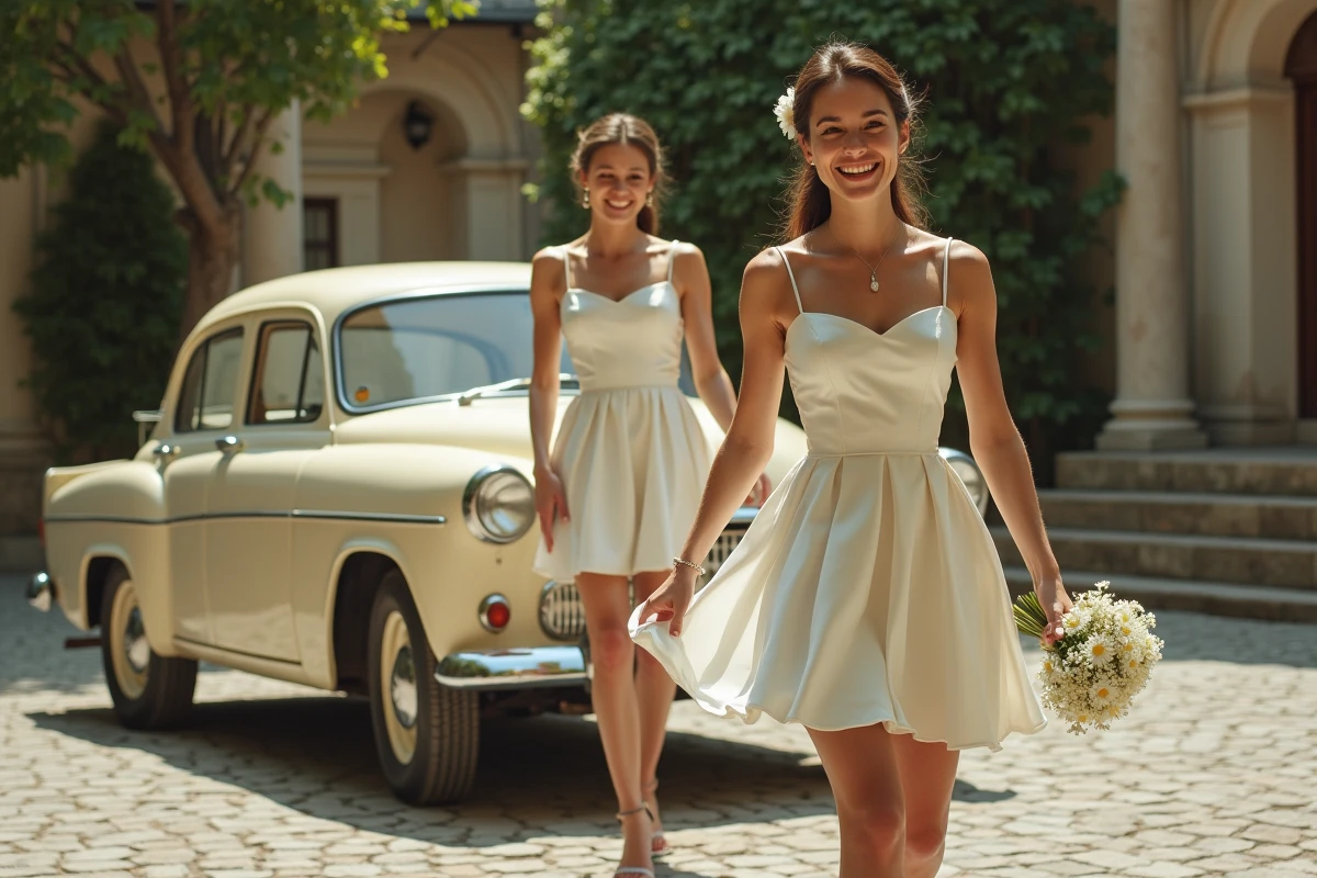 Couple heureux sortant d une voiture vintage lors d un mariage