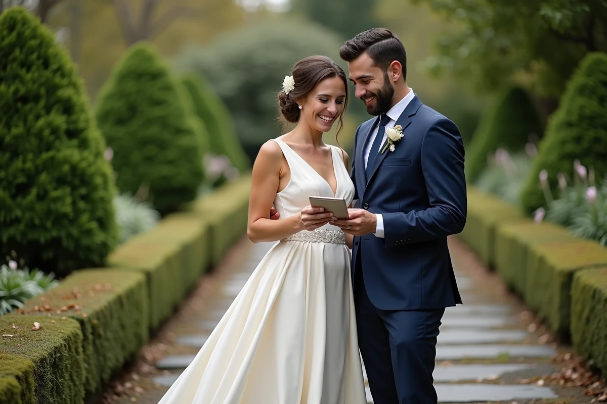 Couple de mariés lisant ensemble un message de félicitations dans un jardin verdoyant