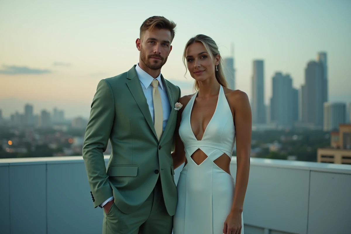 Couple de mariés élégants en tenue tendance 2026 sur un rooftop urbain avec vue sur la ville