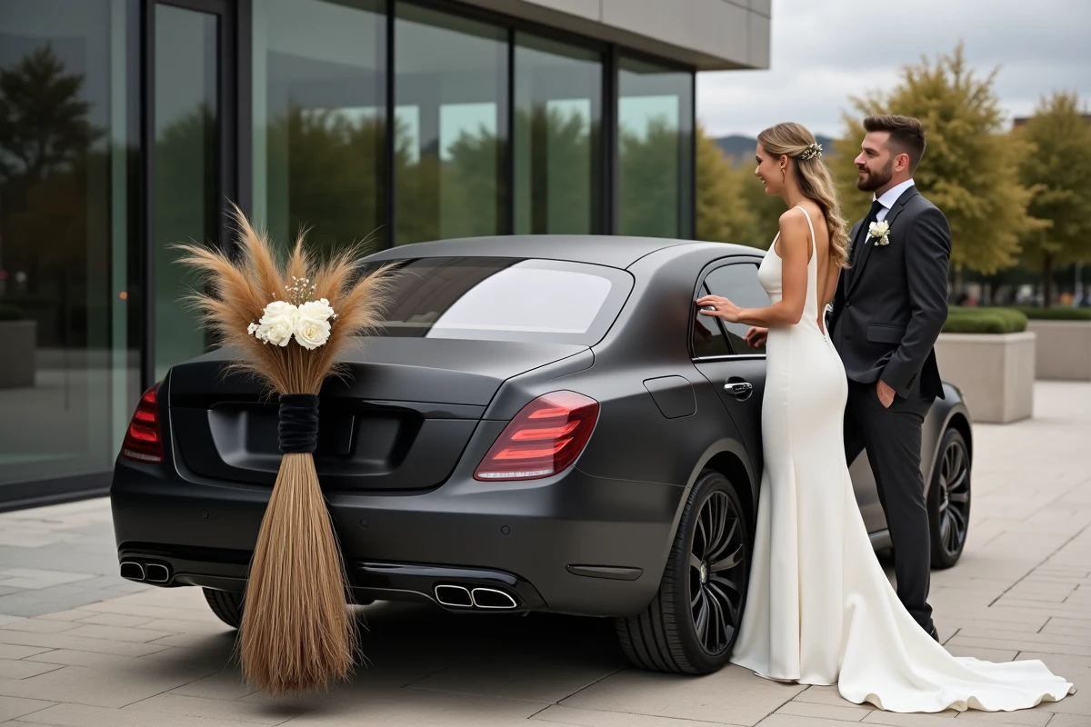 Couple de mariés riant près d'une voiture noire moderne décorée d'un balai minimaliste en pampa séché et ruban velours anthracite