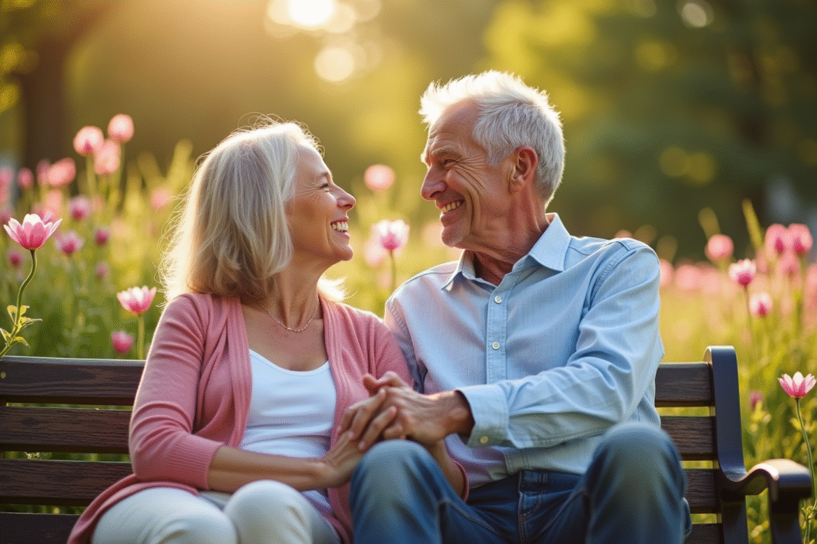 Couple mature main dans la main dans un jardin ensoleille