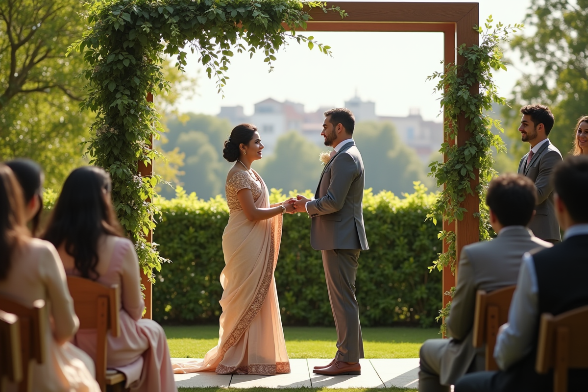 Couple multiculture en plein air lors de la cérémonie