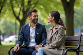 Jeune couple souriant sur un banc dans un parc verdoyant