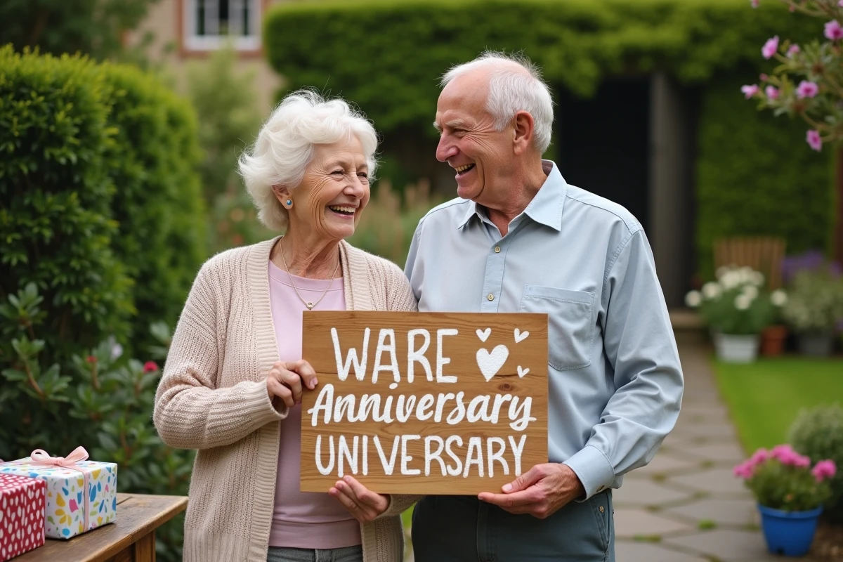 Couple de personnes âgées riant dans un jardin en tenant un panneau humoristique pour célébrer leur anniversaire de mariage
