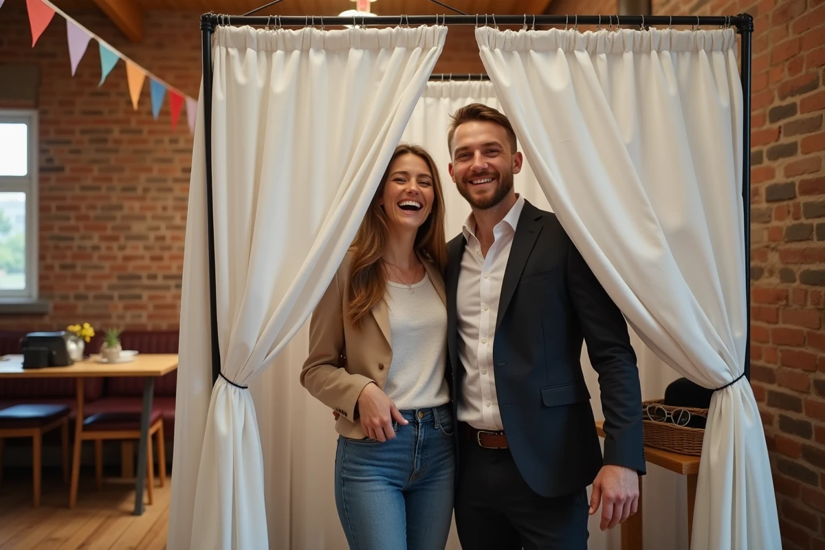 Couple souriant dans un photobooth économique lors d'un événement convivial avec accessoires simples et décor de salle communautaire