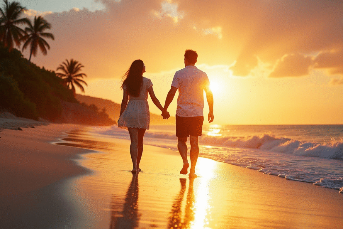 Couple heureux marchant sur la plage au coucher de soleil
