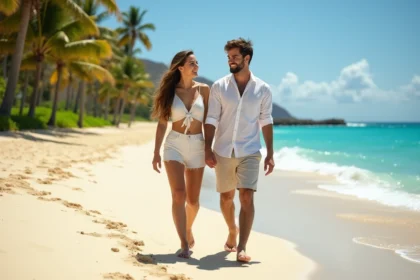 Jeune couple souriant sur plage hawaienne en été