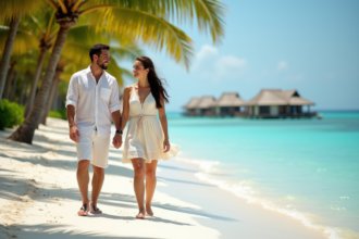 Jeune couple souriant sur une plage tropicale avec palmiers et bungalows
