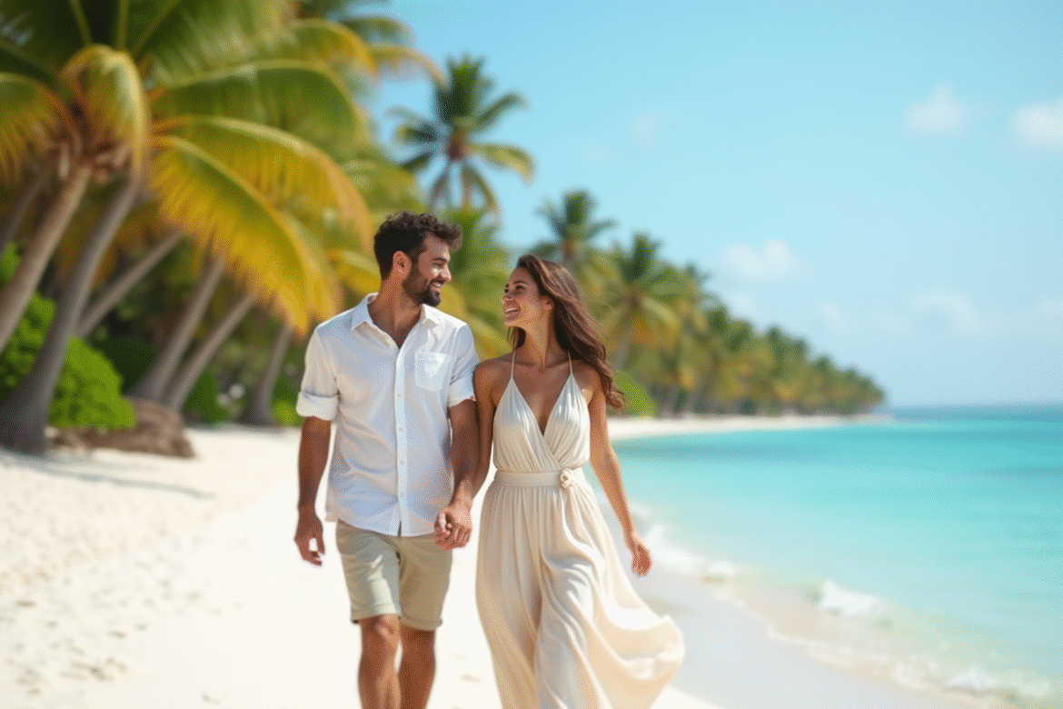 Jeune couple français marche sur la plage ensoleillée