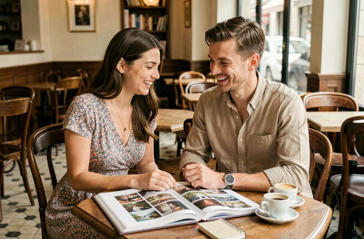 Couple examinant le portfolio d'un photographe dans un café chaleureux à Chaumont avant de réserver une séance
