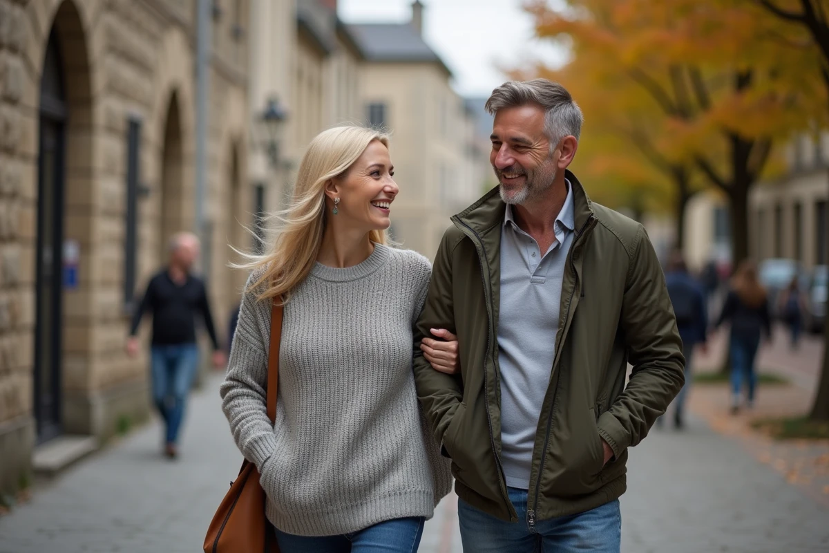 Couple se promenant dans une rue pavée européenne en automne, photo candide et naturelle