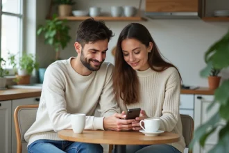 Jeune couple assis à la cuisine avec smartphones